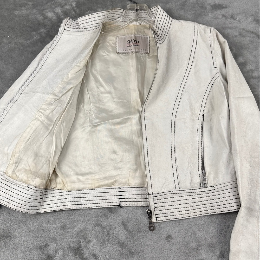 Mirti Italian Leather Jacket White Black Contrast Stitch Moto Firenze Italy 44 - Picture 4 of 8